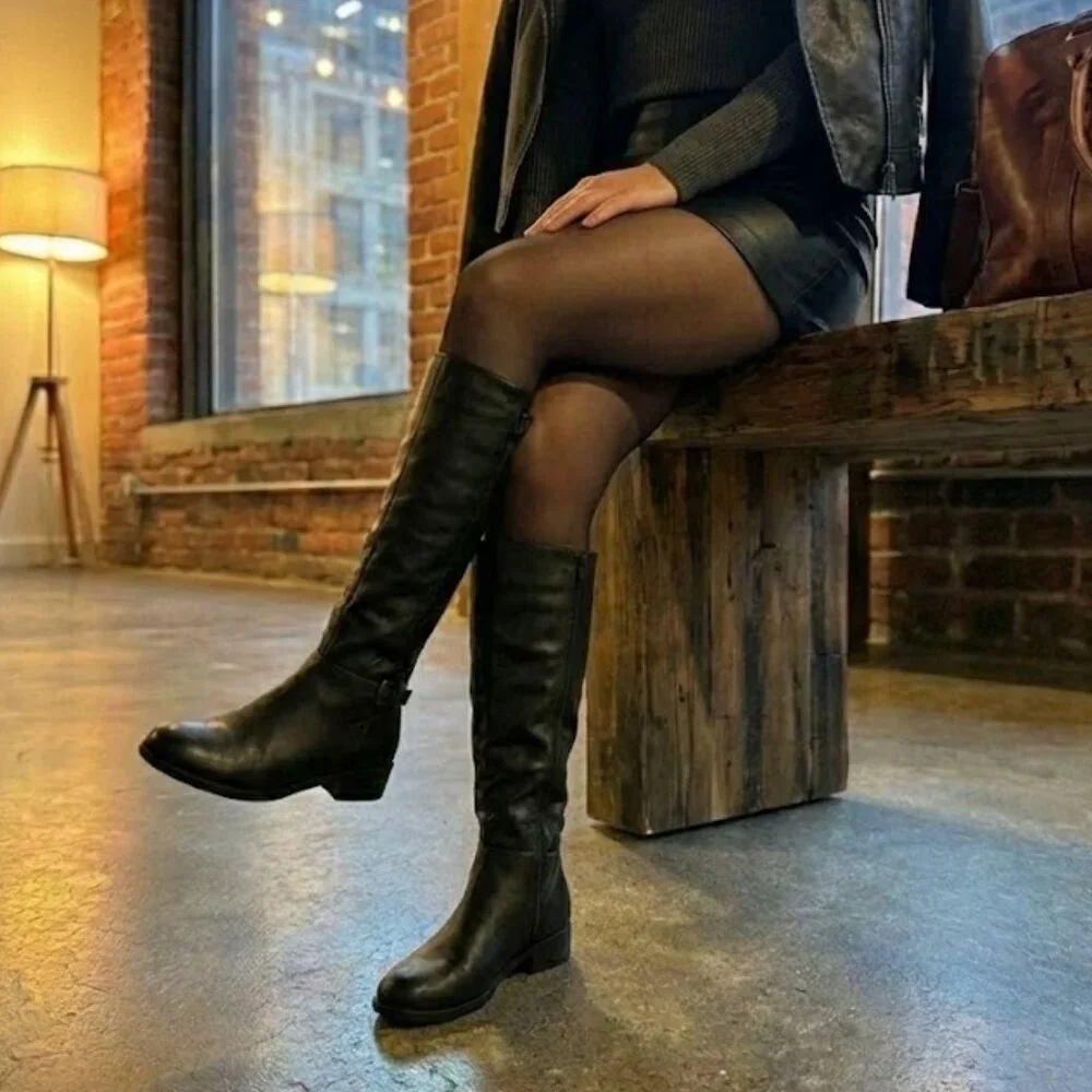 NWT Wild Diva Black Faux Leather Knee High Riding Boots Buckle Strap Zip